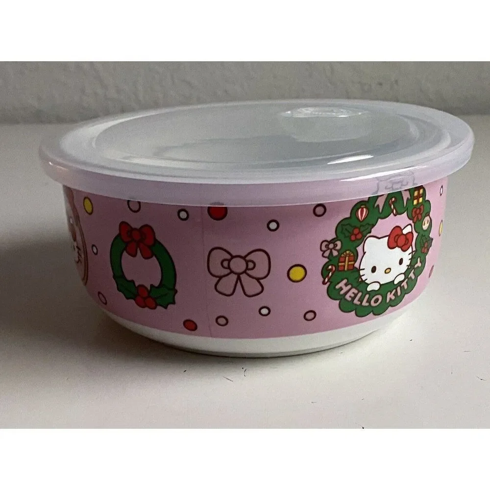 Hello‎ Kitty Christmas Pressure Lid Ceramic Food Storage Bowl Pink LARGE NEW